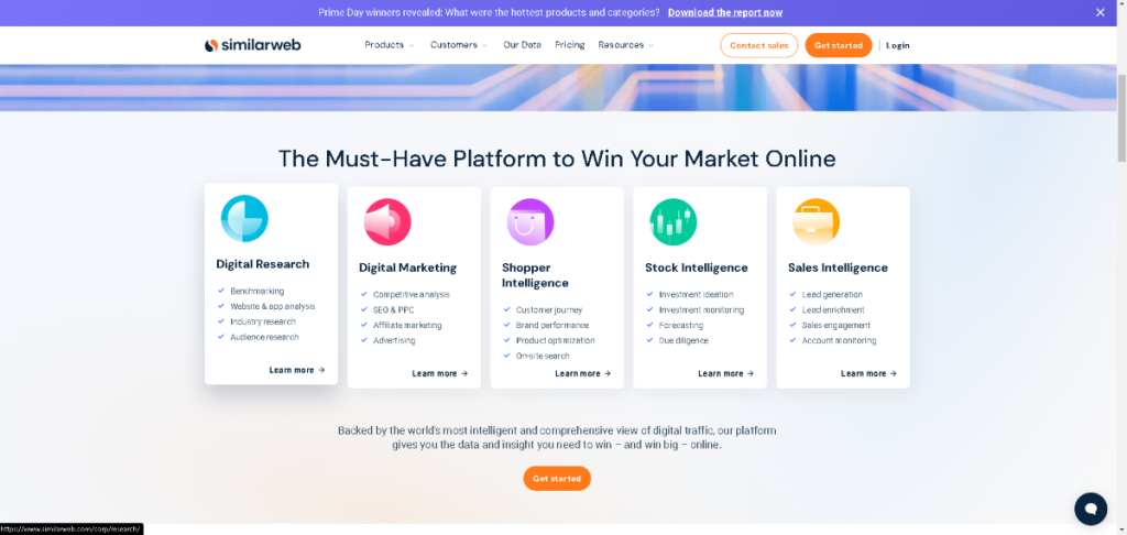 Similarweb platform features showcasing essential tools for digital research, digital marketing, shopper intelligence, stock intelligence, and sales intelligence, emphasizing the comparison between Similarweb vs SEMrush.