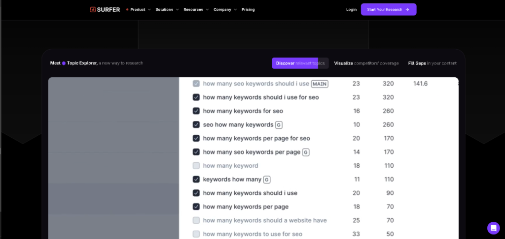 Surfer SEO Keyword Ideas Tool Interface based on Surfer SEO vs SEMrush
