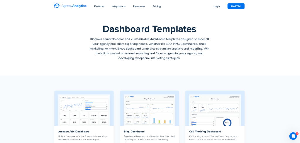 Agency Analytics vs. SEMrush: Additional Features. Agency Analytics dashboard templates displaying different layout options and data visualizations