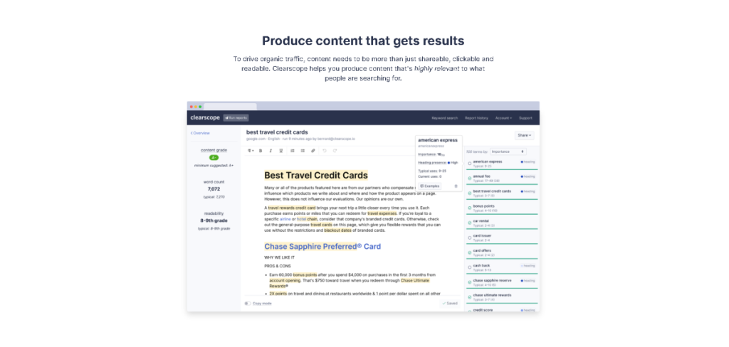 Clearscope reiview: Content Optimization Dashboard