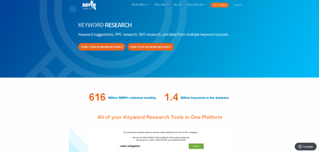 Agency Analytics vs. Raven Tools: Raven Tools keyword research feature.