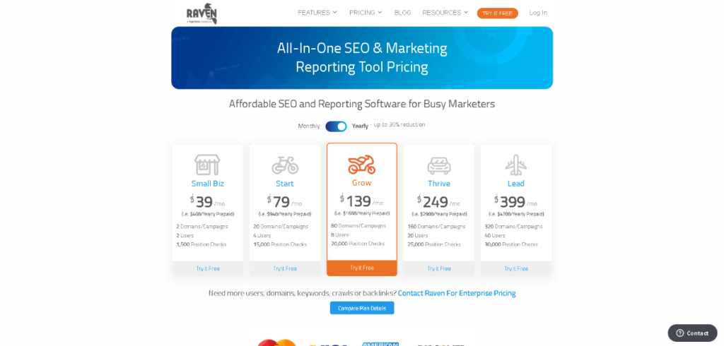 Agency Analytics vs. Raven Tools: Raven Tools pricing plans overview.