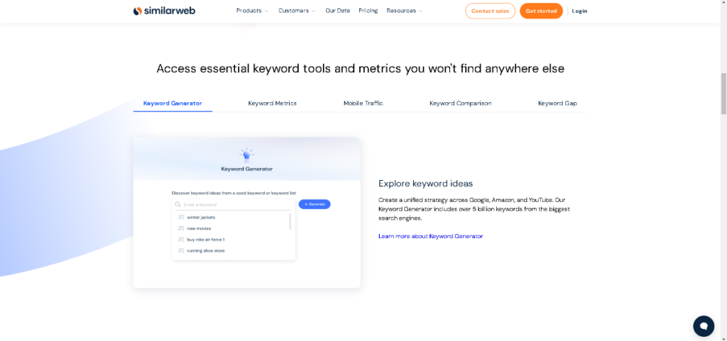 Similarweb keyword idea exploration tool showing keyword suggestions and related topics based on Similarweb vs Alexa