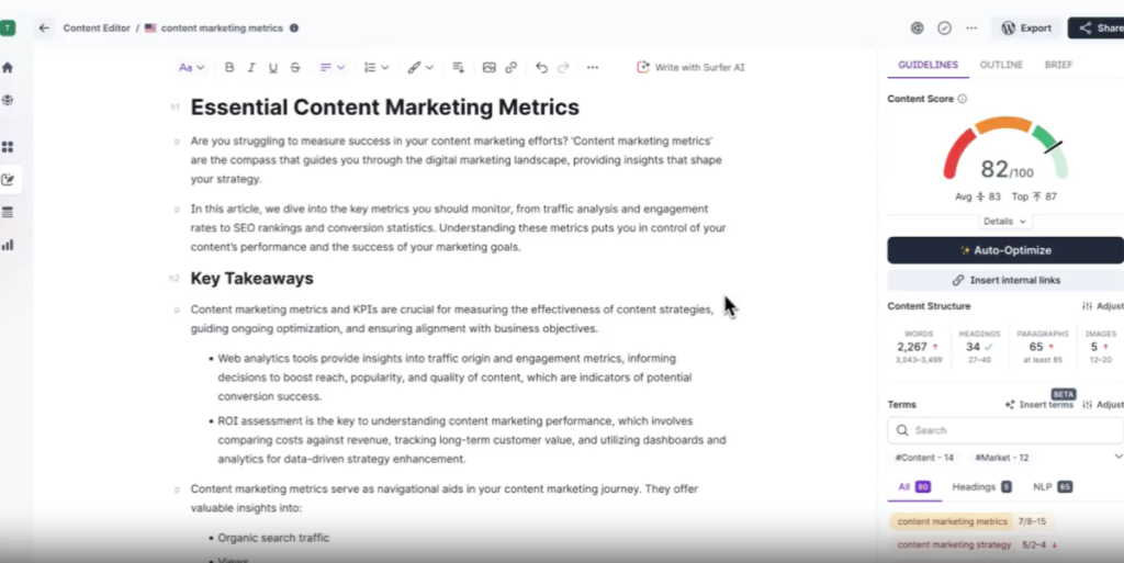 Surfer SEO Review: Surfer SEO Content Editor interface for optimizing content