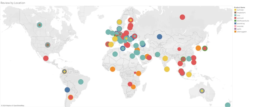 SEO PowerSuite Alternatives: Map showing the distribution of reviews by geographic location.