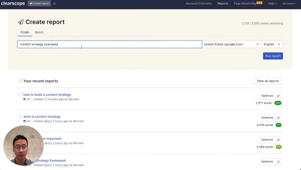 Clearscope review: dashboard displaying a detailed SEO report with content analysis.