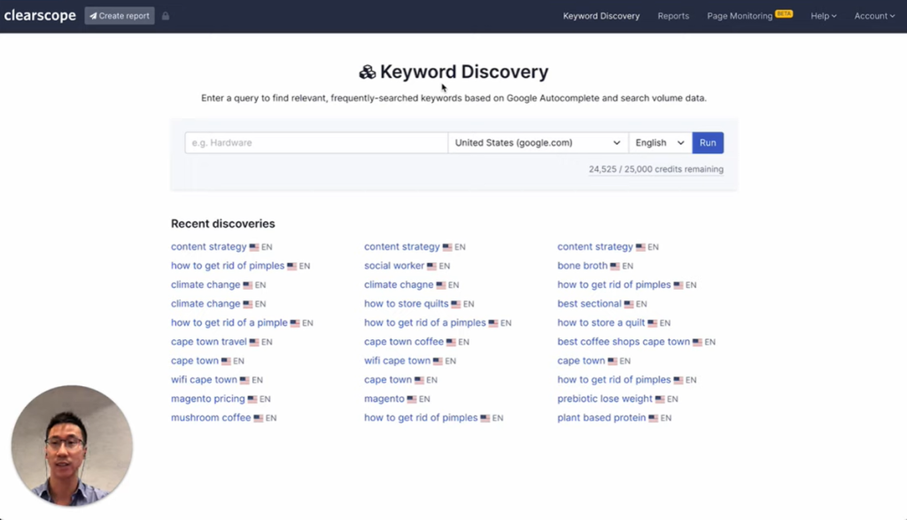 Clearscope review: keyword discovery tool showing a list of relevant SEO keywords and content suggestions.