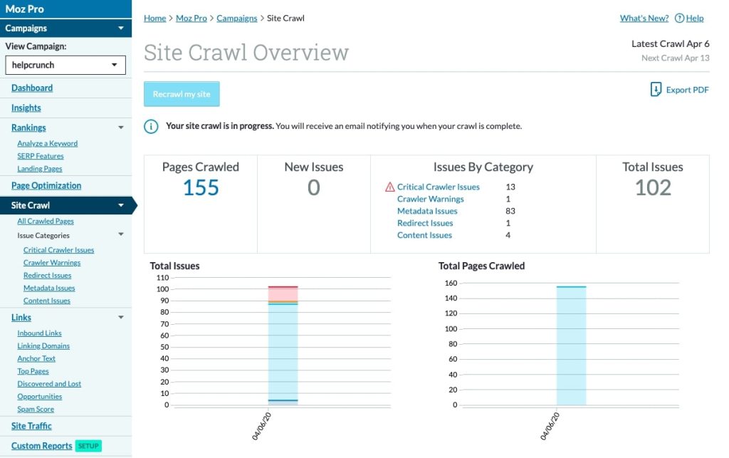 Moz review: Moz site audit report displaying technical SEO issues and recommendations.