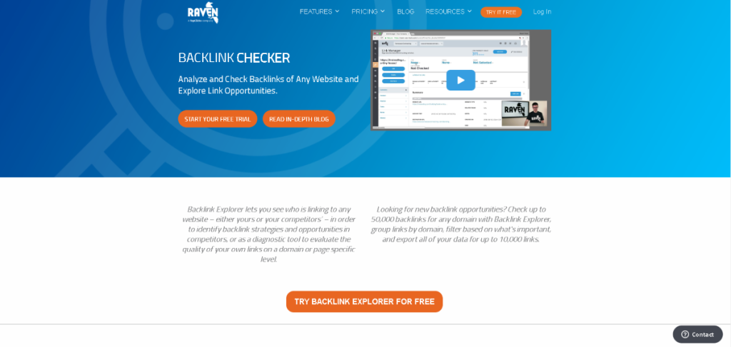Raven Tools review backlink checker displaying backlink profile and link analysis metrics.