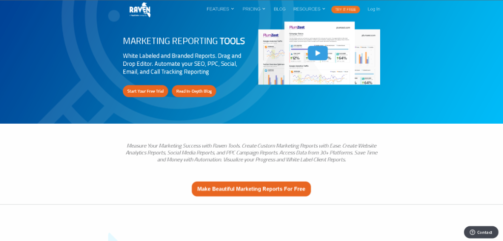 Raven Tools reporting dashboard showcasing customizable client reports and SEO analytics.