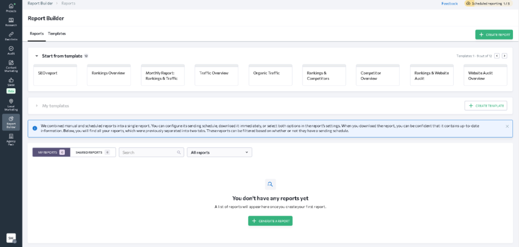 SE Ranking Review: SE Ranking report-building interface showing customizable templates and report options.