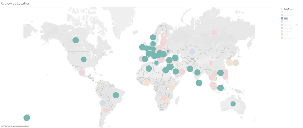 Moz Alternatives: Map displaying the geographical distribution of Moz reviews.